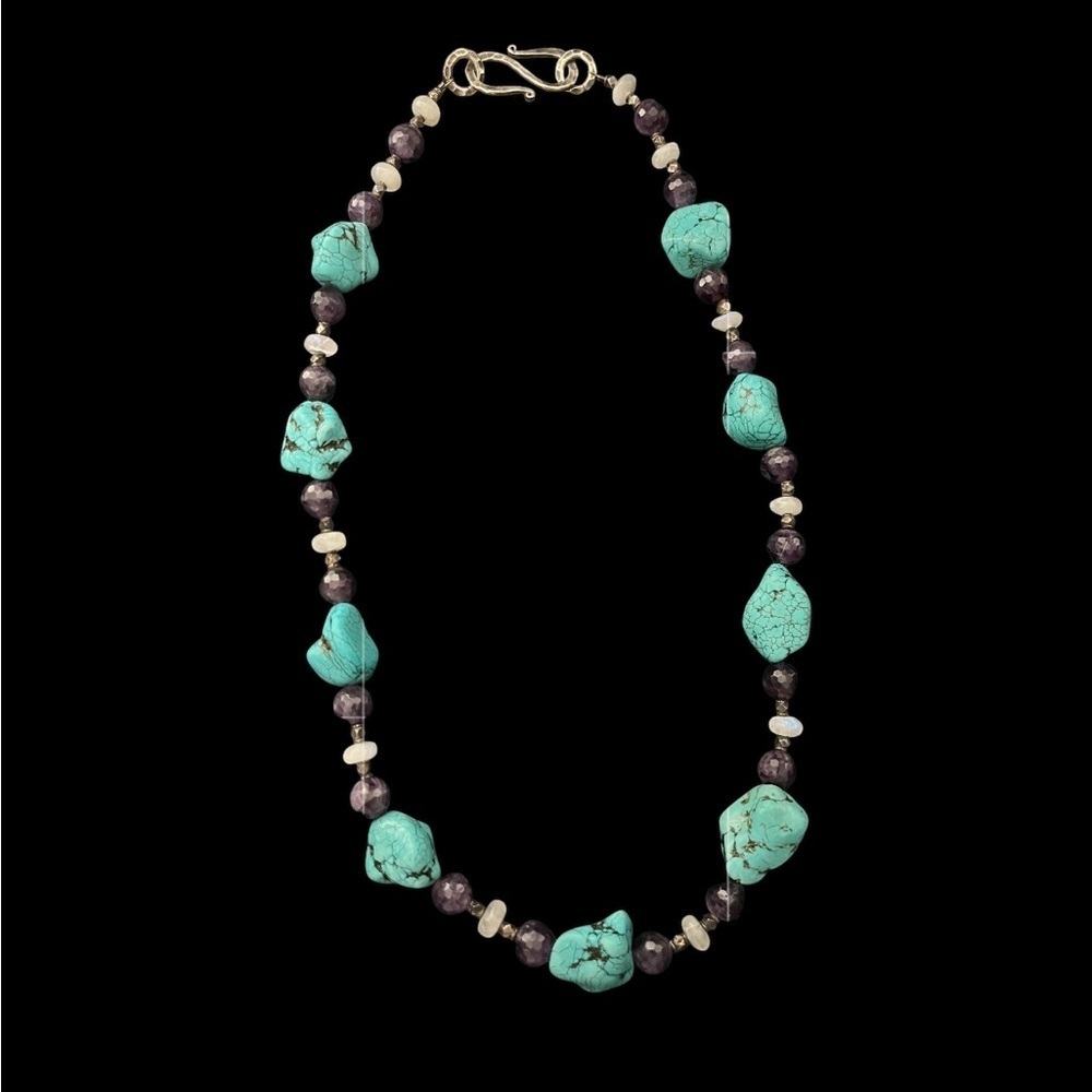 24" Genuine Turquoise Nugget Necklace Large Chunky, Amethyst, Moon Stone, 925